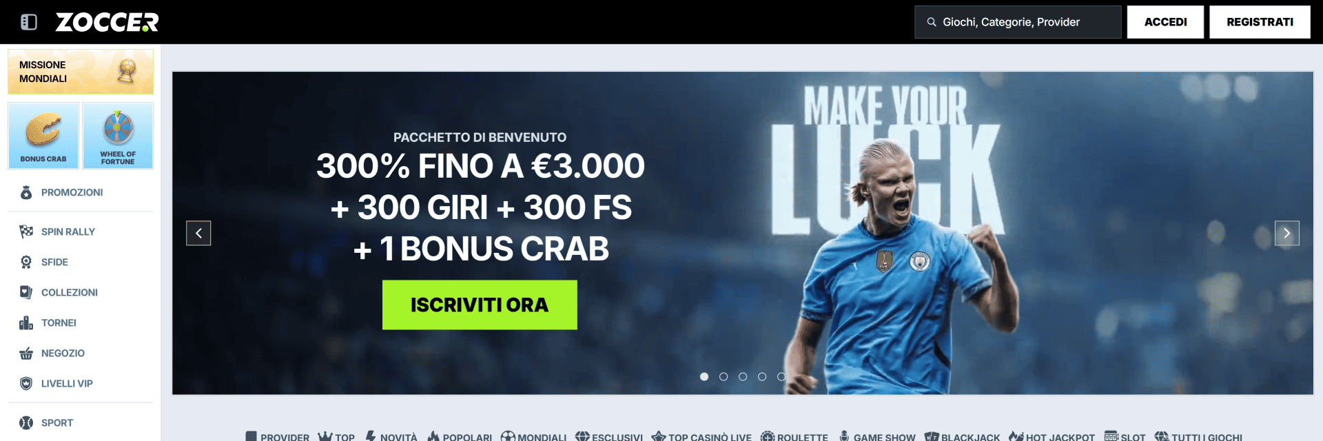 Screenshot of the Zoccer Casino website